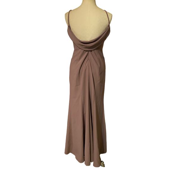 Dessy Group Bateau Neck Open Cowl Back Trumpet Gown in French Truffle Size 6R - Picture 10 of 14